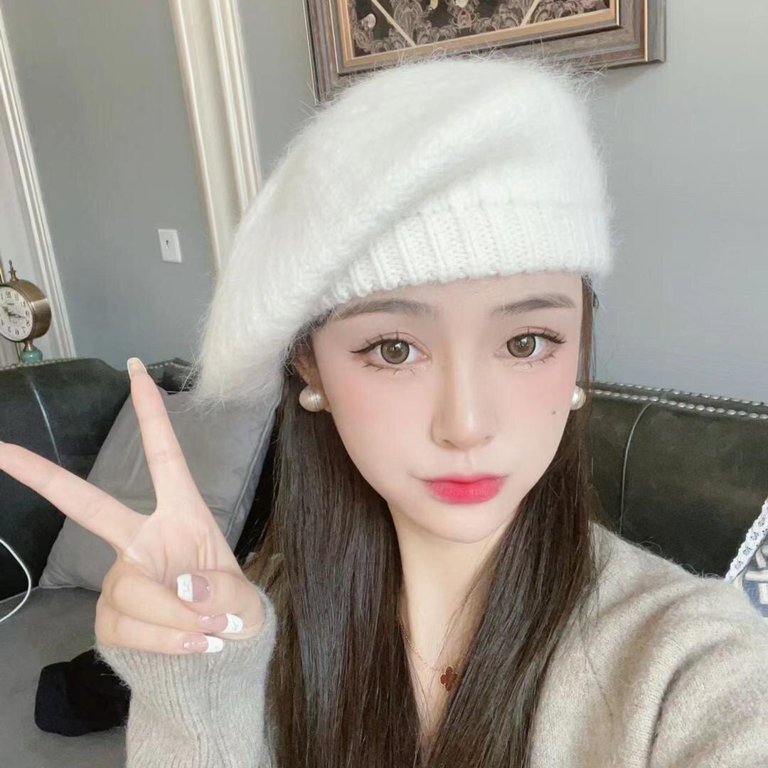 气质慵懒马海毛针织灰色贝雷帽女