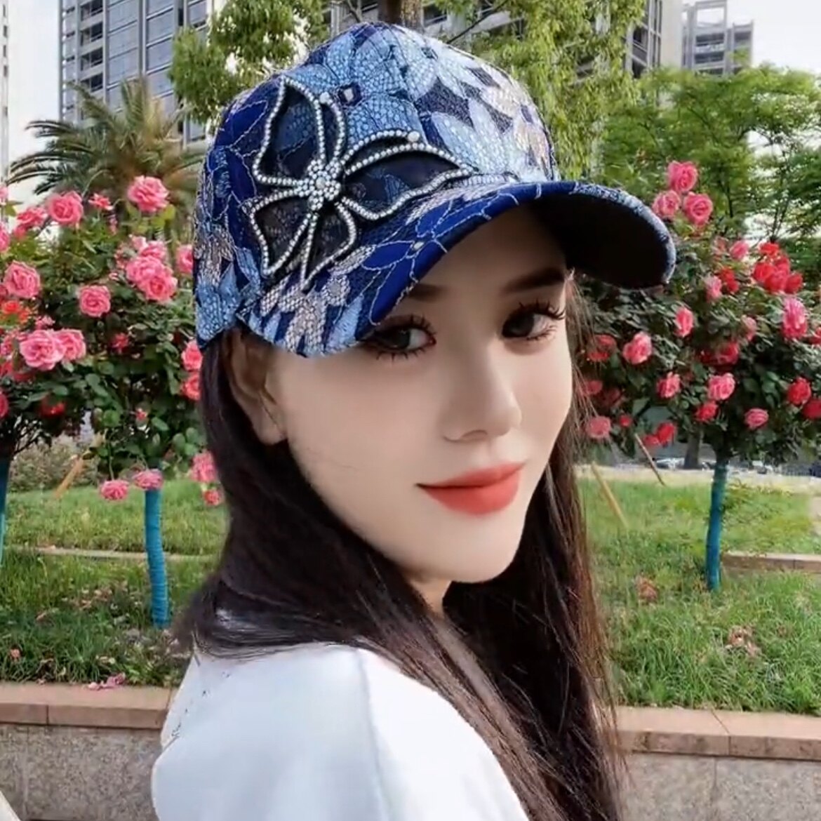 新款夏季蕾丝水钻蝴蝶结棒球帽女透气时尚百搭优雅防晒遮阳鸭舌帽