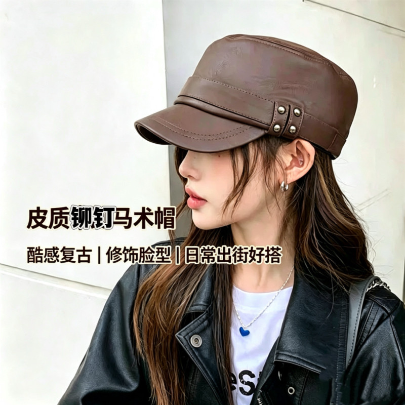 英伦复古风马术帽女秋PU皮平顶帽