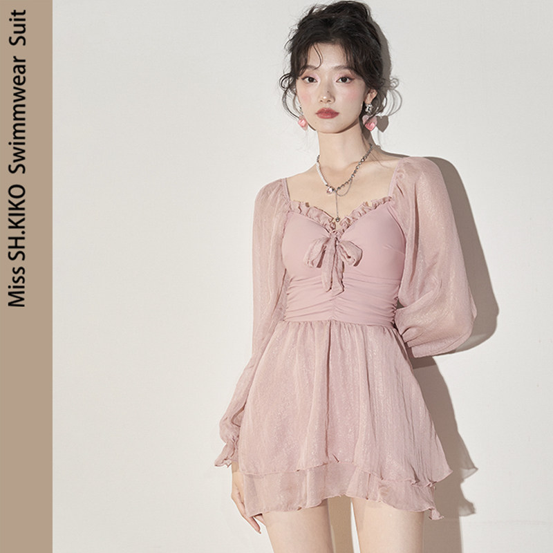 淑惠kiko显瘦复古长袖粉色泳衣女温泉度假泳装沙滩保守泳装防晒游