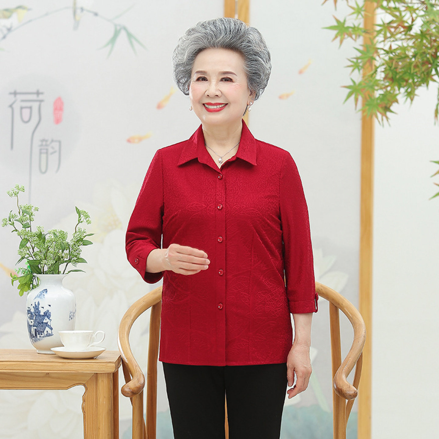 【100%桑蚕丝】奶奶夏装衬衫女开衫真丝上衣中老年人两件套装妈妈