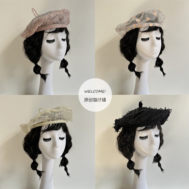 自产原创春夏贝雷帽透气时尚仙气飘飘欧根纱飞碟帽显脸小画家帽