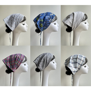 原创法式田园格子三角头巾女夏季气质百搭复古纯色包头方巾帽子女