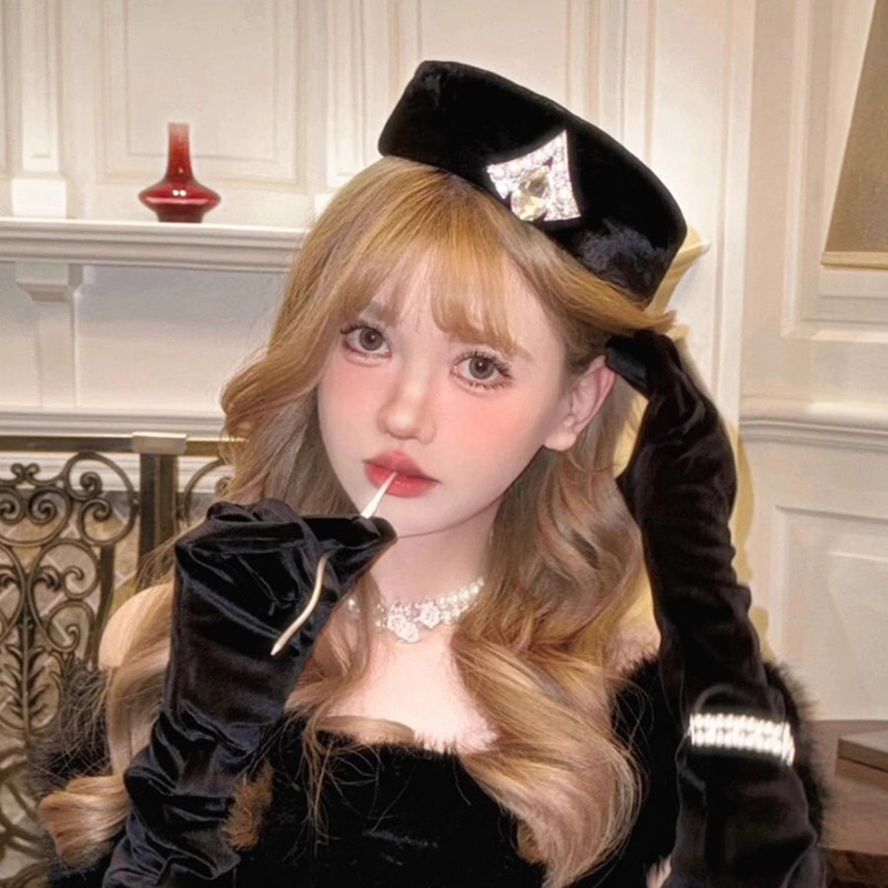 斯嘉丽nana经典公主黑毛呢水钻帽子名媛时尚帽高级感钻扣平顶礼帽