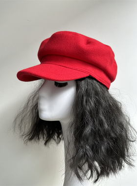 秋季毛呢红色亲子报童帽小头围海军风鸭舌帽女英伦复古平顶画家帽