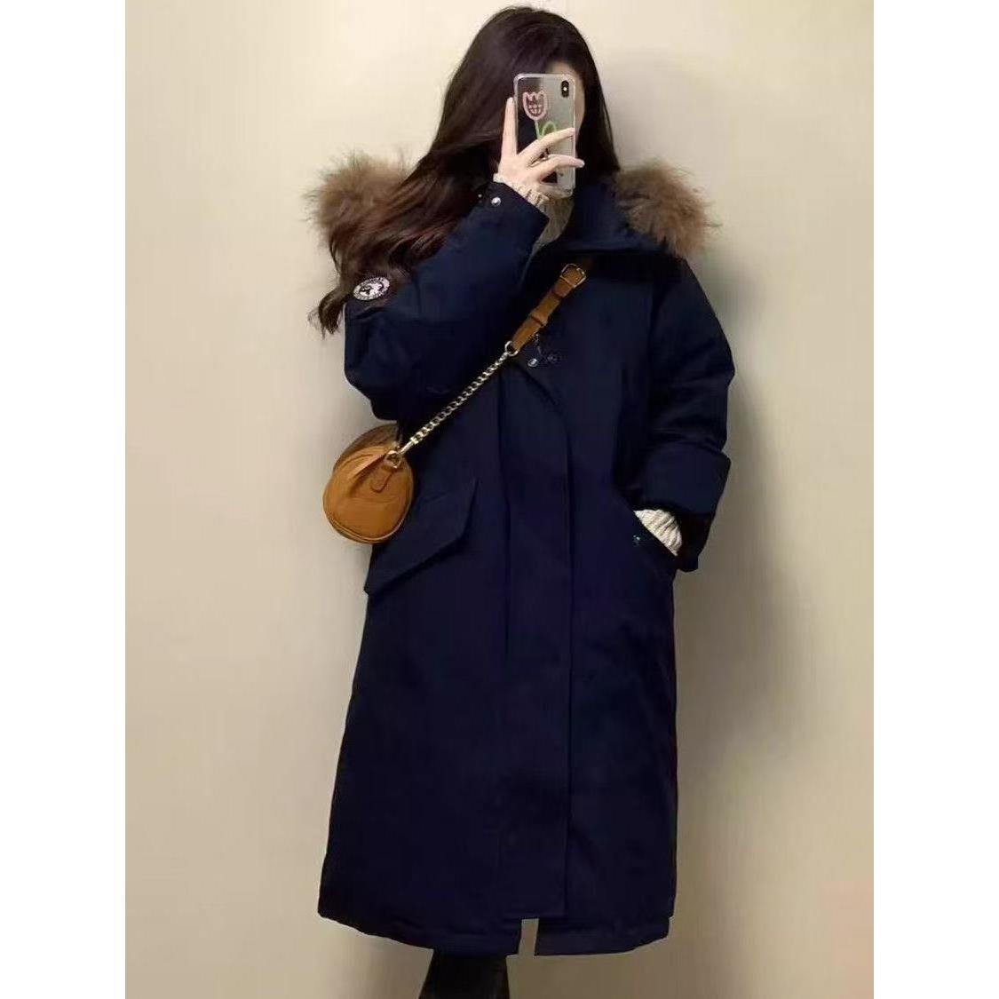 2025新款学院风长款派克服羽绒棉服女冬大毛领工装外套棉衣