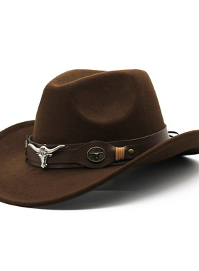 西部牛仔礼帽民族风牛标卷檐复古骑马帽子毛呢毡帽 Cowboy Hat