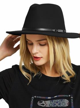 黑色复古礼帽平檐大檐帽秀台毛毡演出T台男女绅士帽子 Fedora Hat