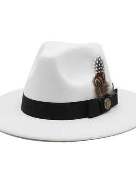 白色毛呢绅士古典英伦爵士羽毛礼帽修饰脸型男女式毡帽Fedora Hat