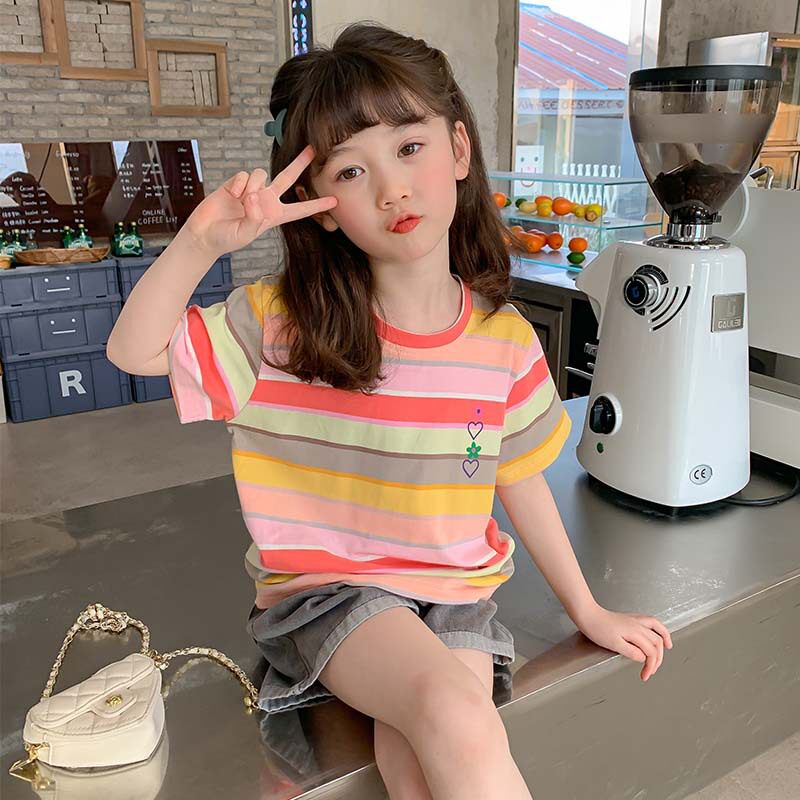 女童条纹短袖T恤2026夏装新款韩系纯棉女大童半袖洋气儿童上衣潮