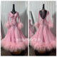 豪华摩登比赛服华尔兹演出服可量身定制珍珠丝进口鸵鸟毛长袖 粉色