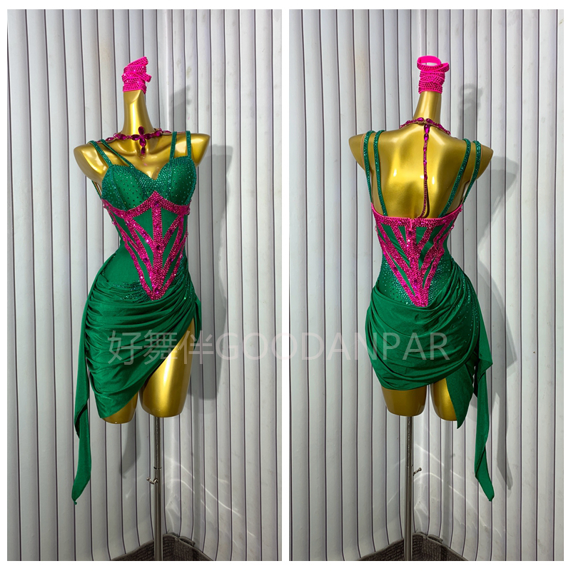 现货新款拉丁比赛服艺考伦巴恰恰牛仔表演舞蹈服吊带无袖绿色