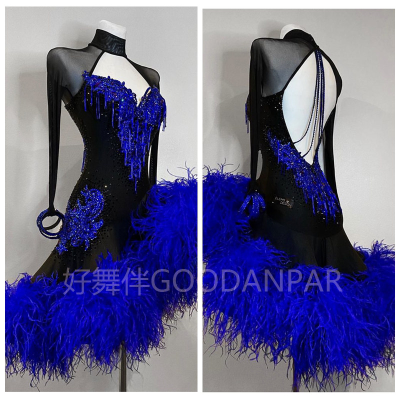GOODANPAR 恰恰拉丁舞演出服定制专业牛仔伦巴舞蹈裙比赛裙鸵鸟毛