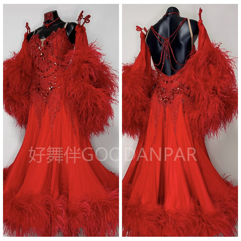 定制新款摩登比赛服华尔兹演出服大摆连衣裙红色喇叭袖雪纺下摆