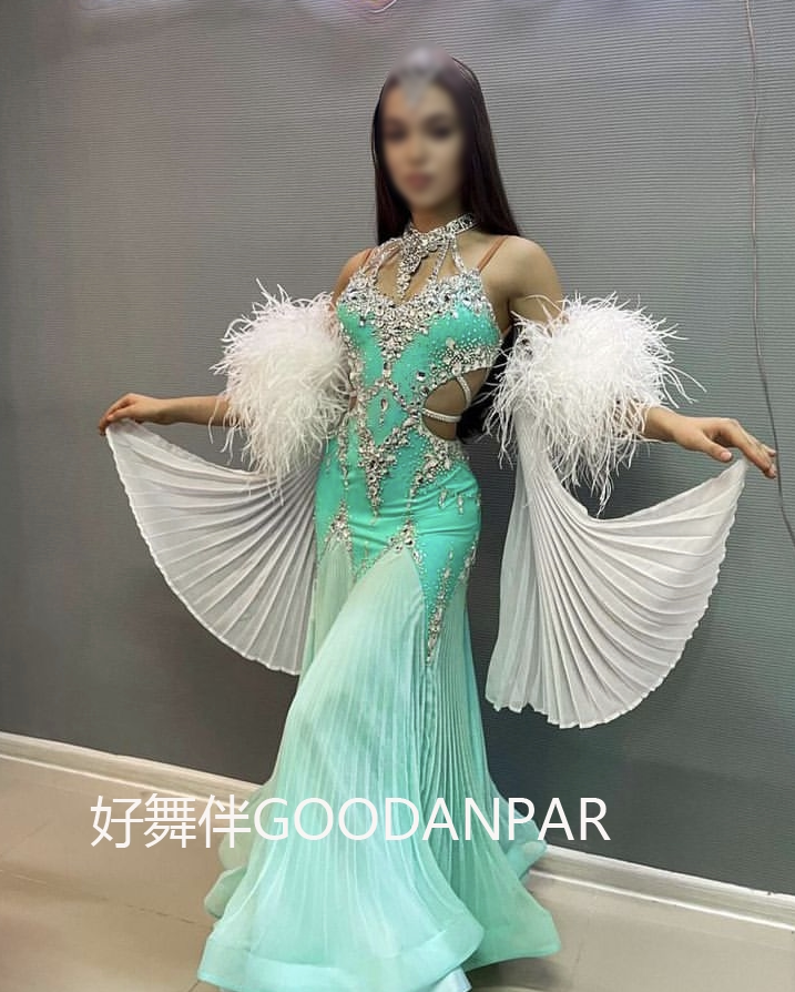 新款定制摩登比赛服华尔兹演出大摆连衣裙百褶下摆喇叭鸵鸟毛袖