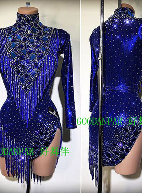 成人女拉丁比赛服国标恰恰伦巴牛仔桑巴演出服宝蓝色长袖亮光布钻