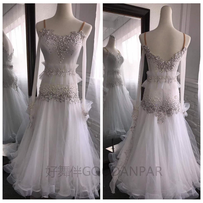 国标摩登舞蹈表演出比赛服白色蓬蓬裙量身定制摩登舞长袖量身定制