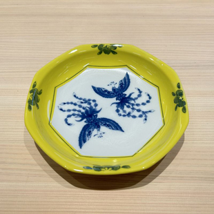 现货日本进口陶瓷黄八边形凤凰盘菜盘刺身盘浅盘怀石板前料理餐具