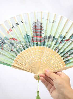 黄鹤楼绿色古风盒装折扇汉服搭配21cm 女士唐装扇武汉文创伴手礼