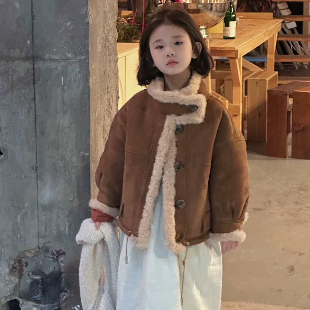 2024冬新款儿童皮草外套100%羊毛仿皮毛一体宝宝男女童亲子上衣潮