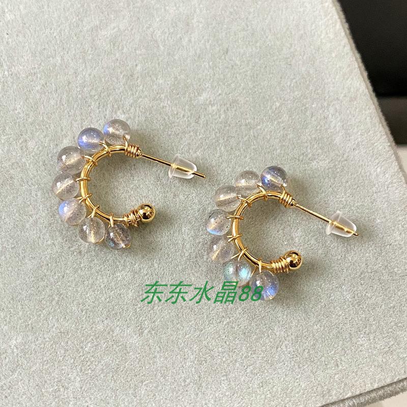 绕线手工14k包金的 天然拉长石月光石 圆珠耳钩耳坠耳环耳钉耳饰