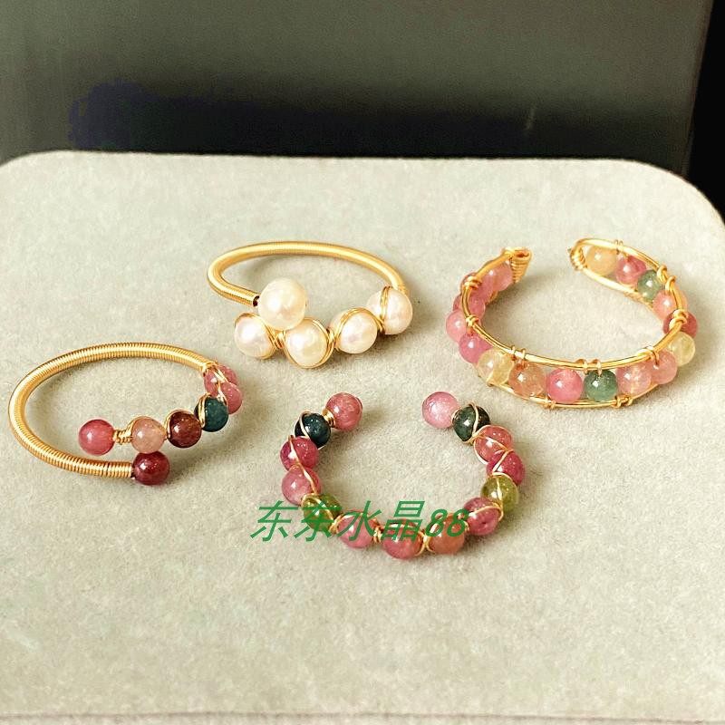 现货 14k包金绕线手工天然白珍珠戒指彩碧玺 指环排戒 饰品