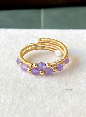 新货 14k包金 天然切面紫水晶 双层 小戒指 指环 手饰 女款