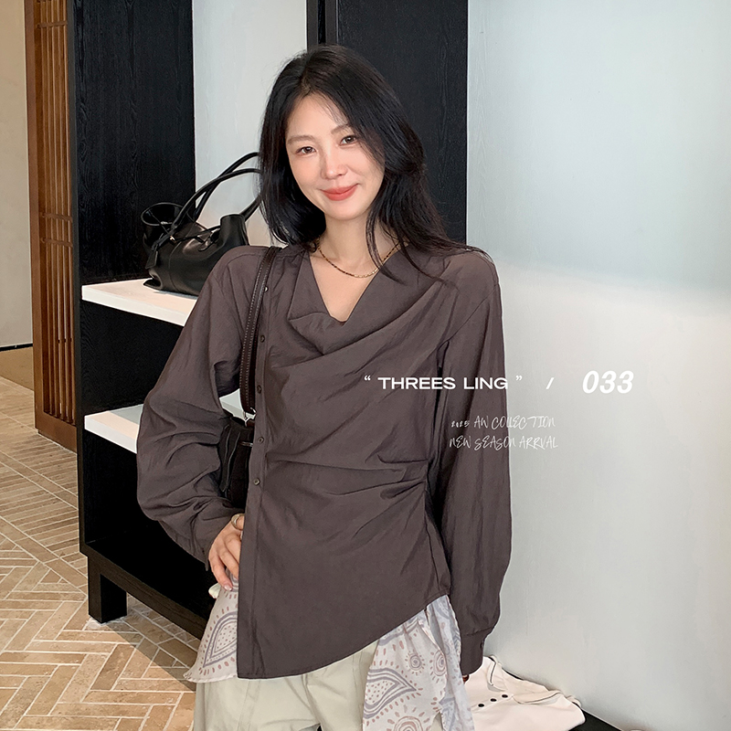 THREES LING ® 033 秋季新款纯色荡领绑带上衣#D183