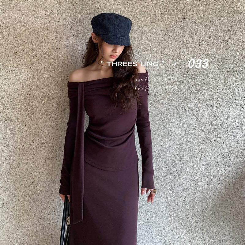 THREES LING ® 033 秋季新款针织一字肩上衣+半身裙 #D242-D243