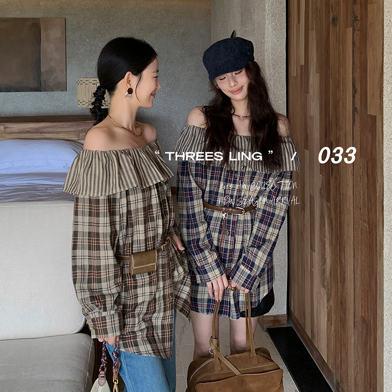 THREES LING ® 033秋季新款格子宽松荷叶边一字肩上衣+腰带#D231