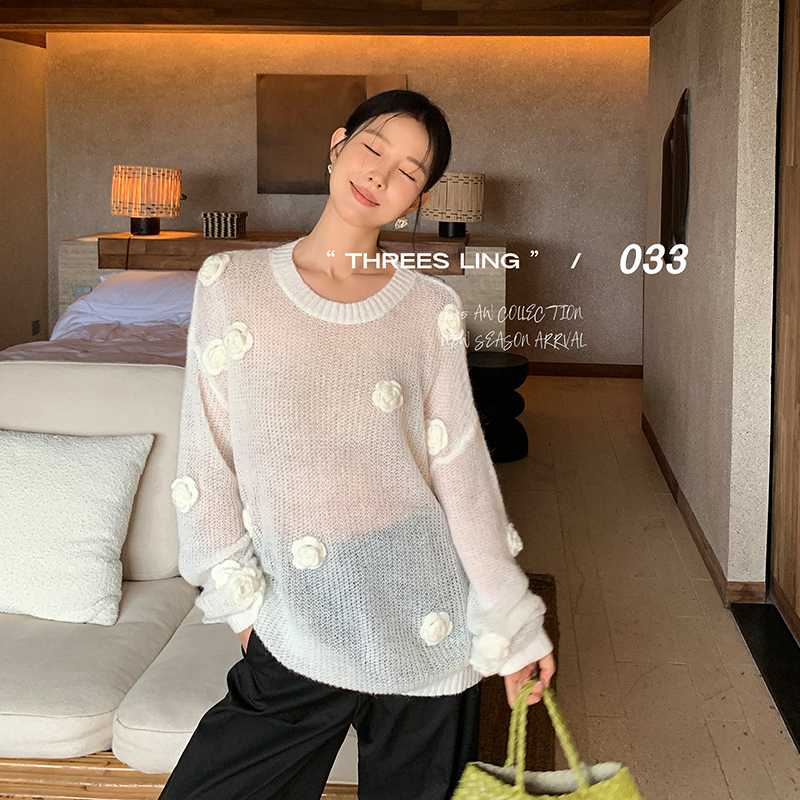 THREES LING ® 033 秋季新款立体花朵套头羊毛针织衫 #D143