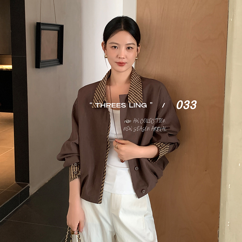 THREES LING ®033秋季新款百搭时尚宽松格子拼色外套#Q014