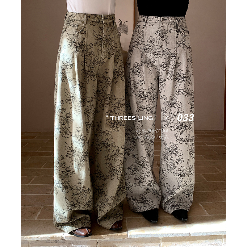 THREES LING ® 033 秋季新款复古提花设计感阔腿牛仔裤 #D025