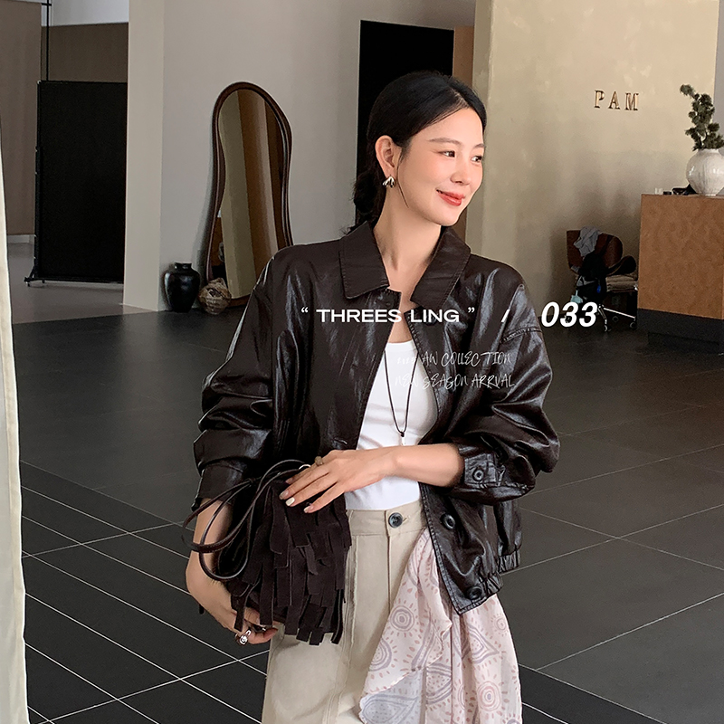 THREES LING ®033秋季新款百搭时尚宽松翻领皮夹克#Q007