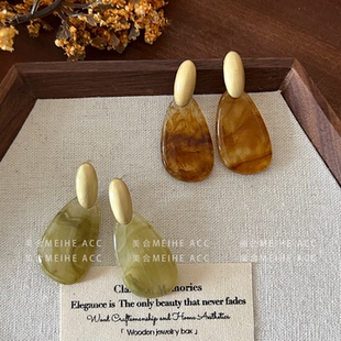 里约艺术~复古中古风金属拼接树脂水滴耳环时尚亚克力气质耳饰品