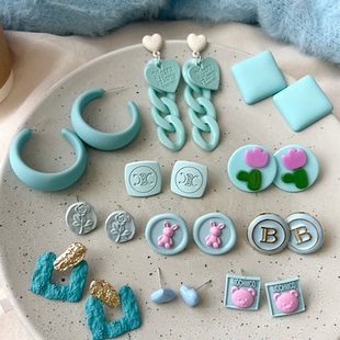 奶乖薄荷蓝色系耳环 几何花朵趣味ins小众设计感双C轻奢气质耳钉