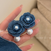 无牛仔不夏天 独特牛仔布艺花朵珍珠耳钉高级气质耳环耳饰女 韩版