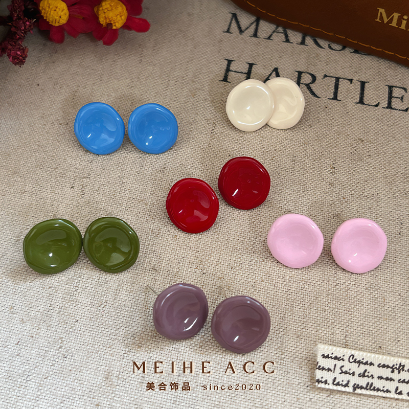 色彩灵感~法式复古滴油不规则几何圆耳钉秋简约通勤油画独特耳环