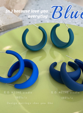 夏日糖果蓝色耳环2021年新款潮个性夸张耳饰欧美磨砂C型圆圈耳环