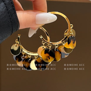 狂野酷妮 高级感轻奢复古金属豹纹圆片流苏耳钉气质通勤时髦耳环