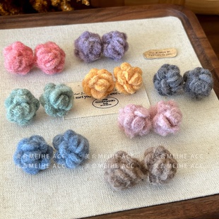 温柔毛线花朵设计感耳环饰品 秋冬毛毡花团耳钉法式 软糯糯 韩版