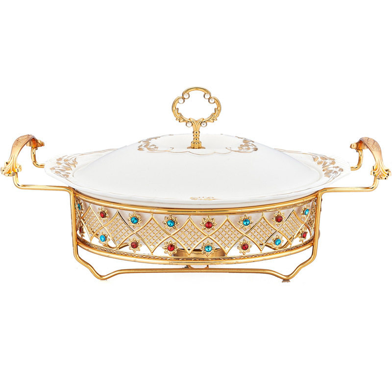 跨境高级椭圆形陶瓷自助餐炉食物加热容器餐桌明火加热干锅酒精炉