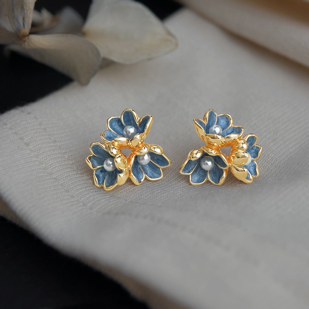 蓝色鸢尾花原创925银针珐琅滴釉花朵耳饰 简约新款小众甜美耳钉女,饰品/流行首饰/时尚饰品新,耳钉,淘宝优惠券,粉丝福利购,淘宝优惠卷
