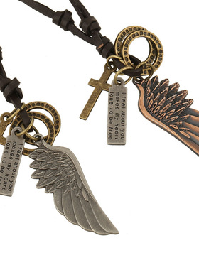 嘻哈风天使翅膀牛皮女士吊坠项链