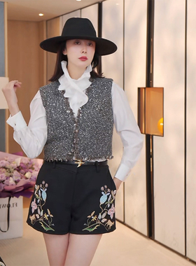 TRACYCHU黑色鹊上枝头16色彩色刺绣百搭重工短裤显瘦气质冬季新款