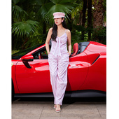 GIRL高纱支棉纯欲慵懒风千金闪钻粉白条休闲裤 CHIC CHU新品 TRACY