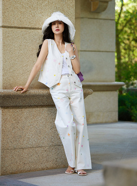 TRACYCHU七色星星款白色直筒牛仔裤百搭舒适千金洋气百搭老钱风款