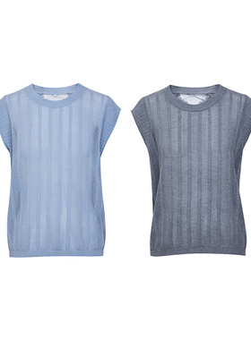 TRACYCHU混亚麻蓝色/灰色圆领T恤休闲百搭款温婉大方慵懒感恋夏风