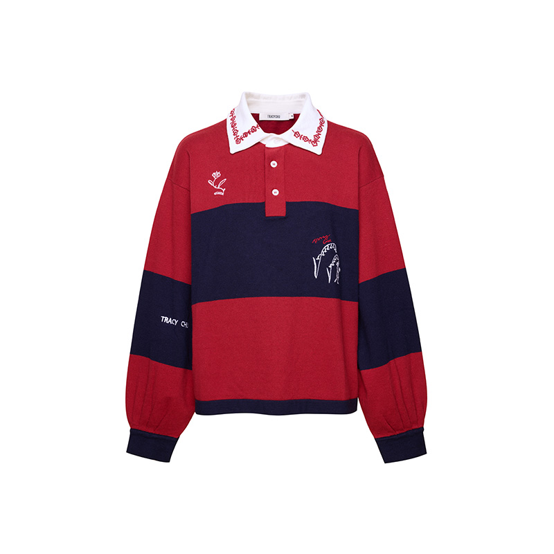 复古风红蓝条纹卫衣秋冬新款