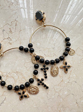 TRACY CHU哥特风镀金黑色雕刻金币手工气质时尚大耳环